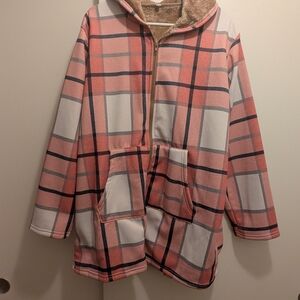 SHEIN Pink and White Plaid Teddy Jacket